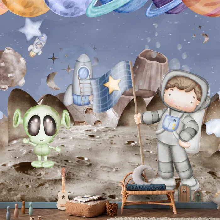 Papel de Parede Astronauta Baby Aquarela Universo Encantado