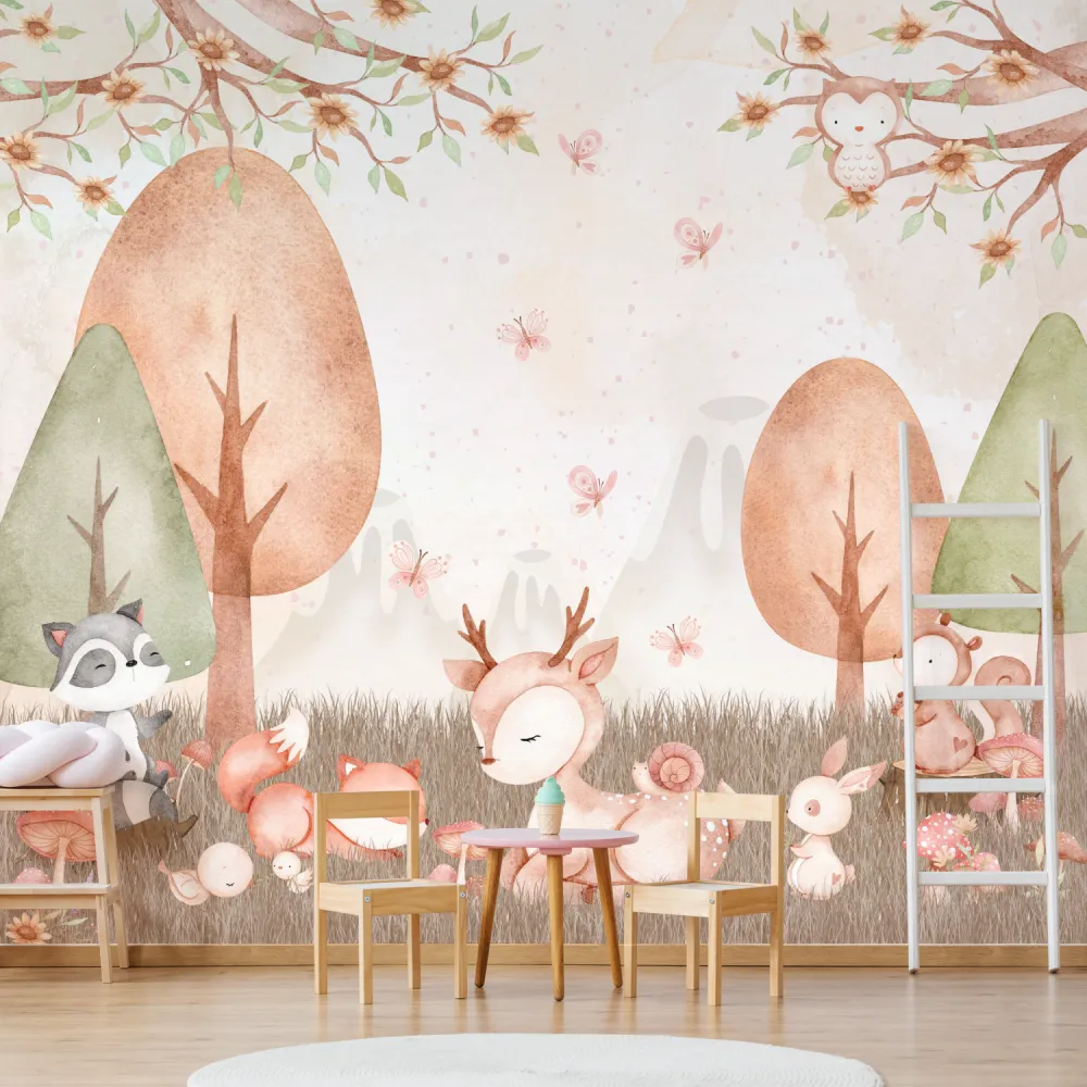 Floresta Lúdica Infantil com Animais do Bosque em Aquarela