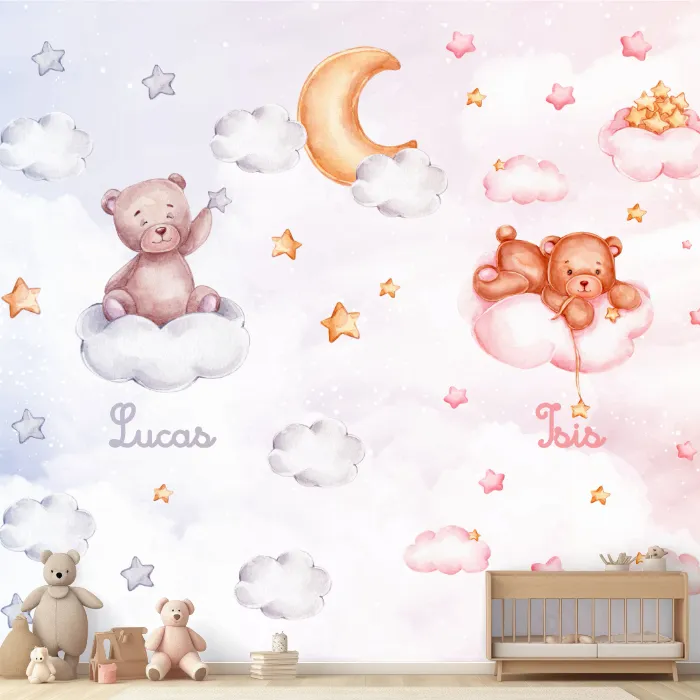 Papel de Parede Ursinho nas Nuvens Aquarela Infantil Delicado