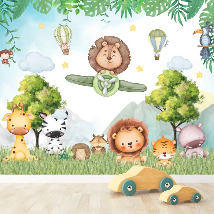 Papel de Parede Safari Aquarela Infantil Animais da Selva