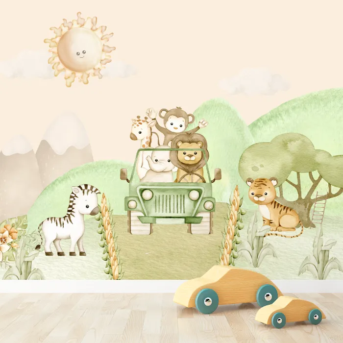 Papel de Parede Safari Baby no Jipe Aquarela Delicado