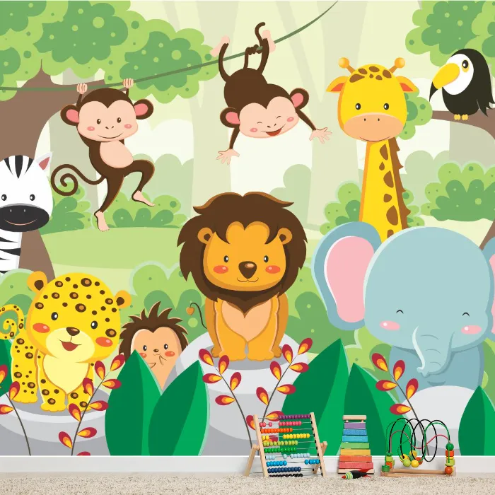 Papel de Parede Safari Infantil Animais da Selva Colorido