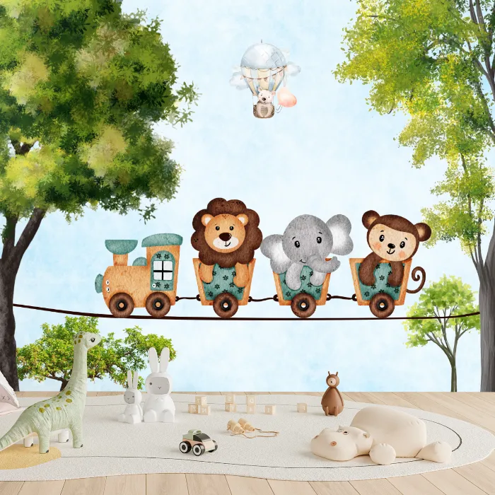 Papel de Parede Safari Trenzinho Infantil Aquarela Delicado