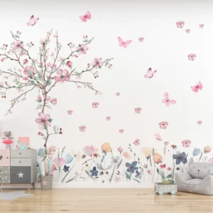 Papel de Parede Jardim Floral Delicado com Árvore e Flores - Imagem 3