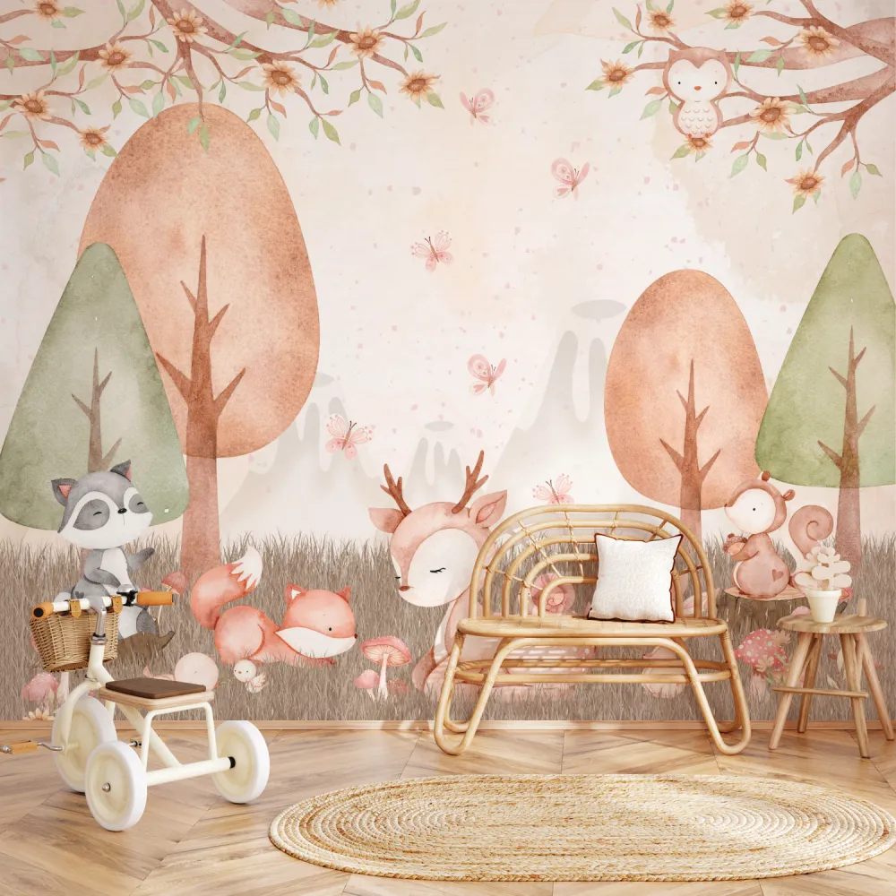 Floresta Lúdica Infantil com Animais do Bosque em Aquarela