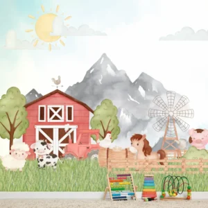 Papel de Parede Fazendinha Infantil Aquarelada com Animais e Celeiro - Imagem 3