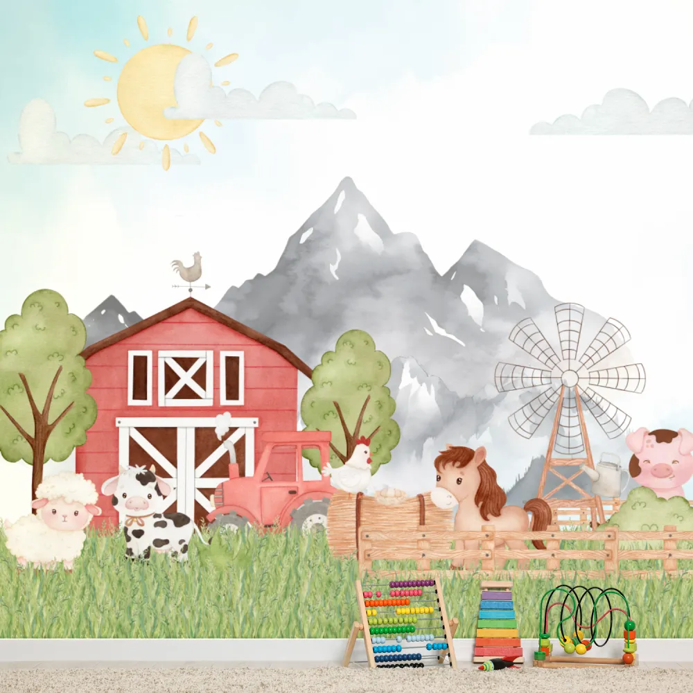 Papel de Parede Fazendinha Infantil Aquarelada com Animais e Celeiro