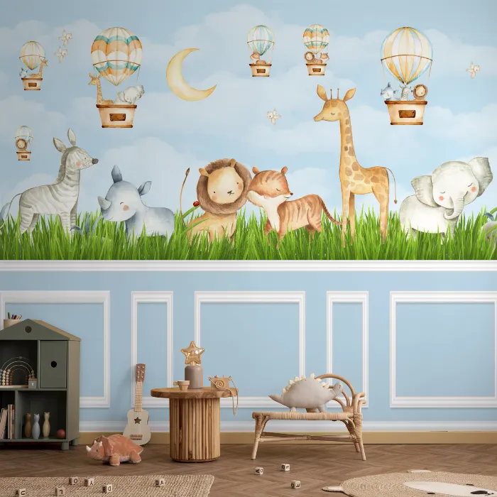 Papel de Parede Safari Aquarela Azul Bebê com Balões