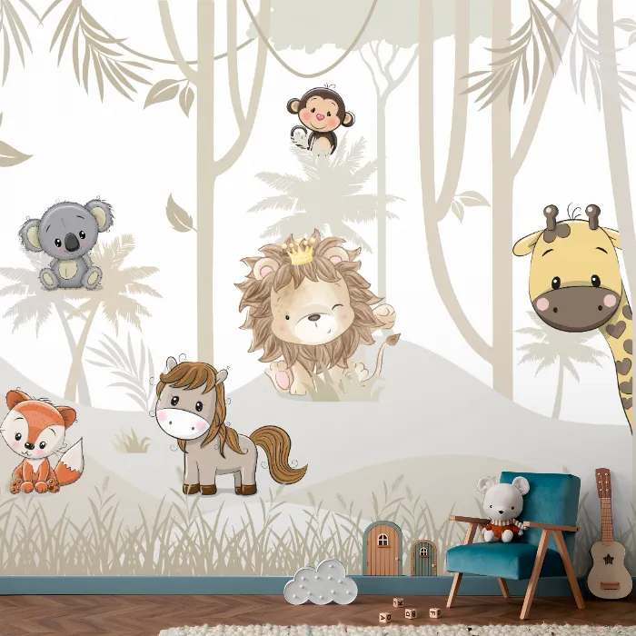 Papel de Parede Safari Bege Infantil com Animais Fofinhos