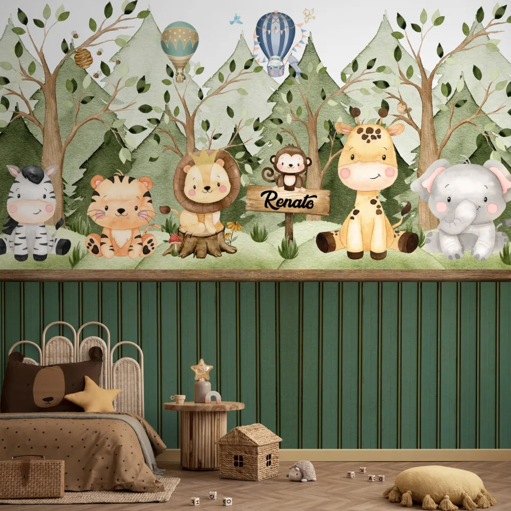 Papel de Parede Safari Baby Verde Aquarelado para Quarto de Bebê