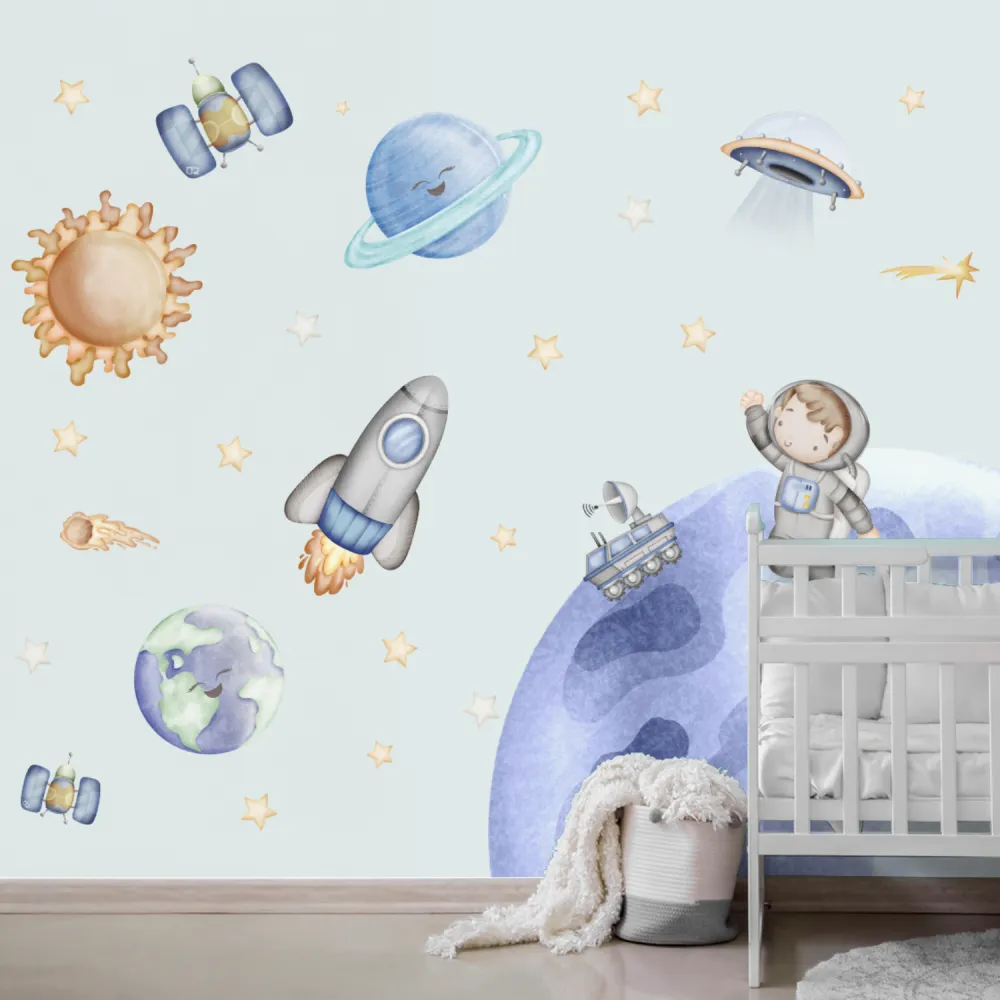 Papel de Parede Universo Infantil Aquarela com Astronauta