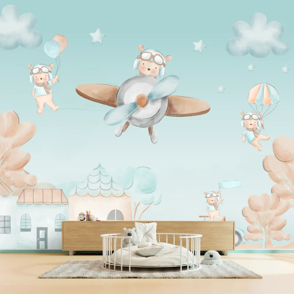 Papel de Parede Ursinho Aviador com Avião Infantil Delicado