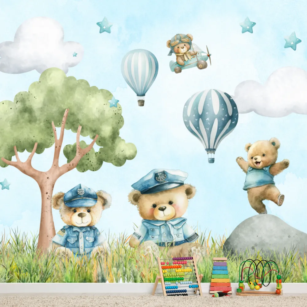 Papel de Parede Ursinhos Aviadores com Balões e Avião Infantil