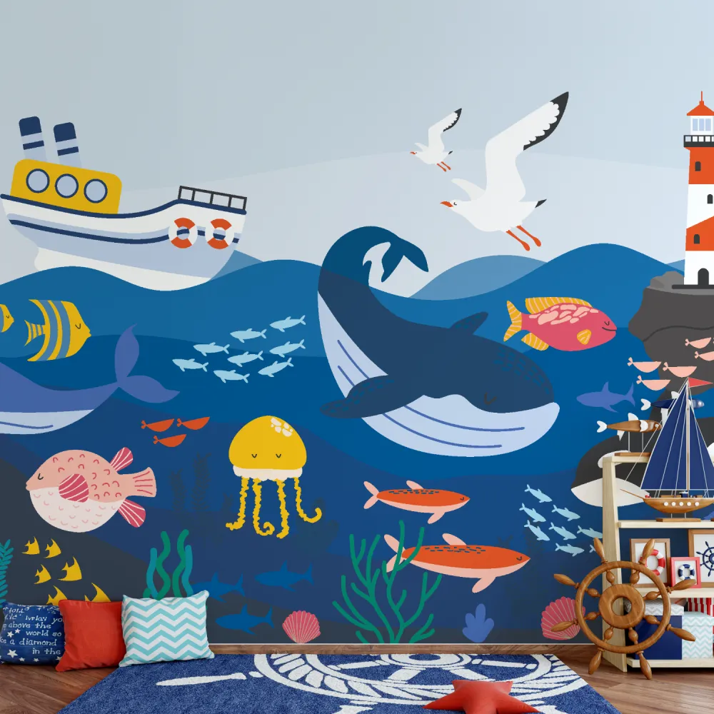 Papel de Parede Fundo do Mar Infantil com Baleias e Peixes