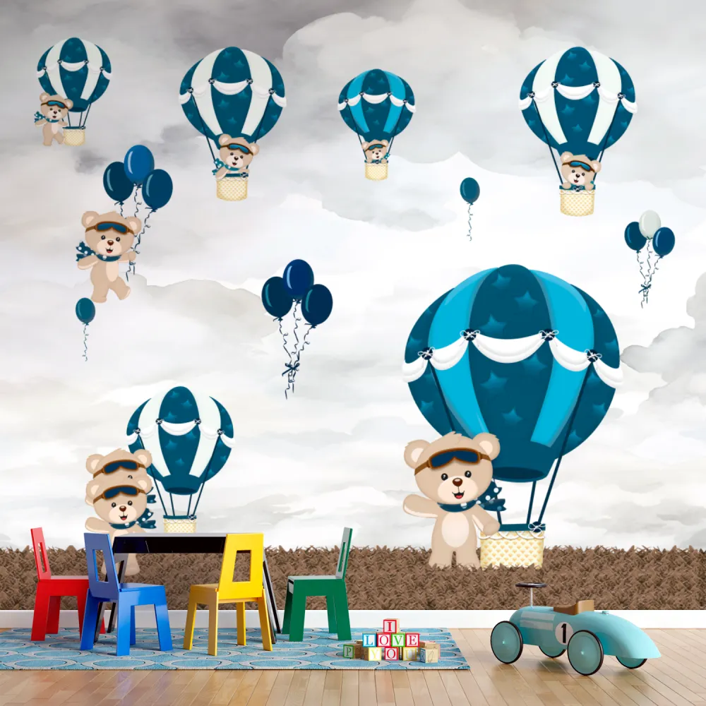 Papel de Parede Ursinhos Baloeiros com Balões Azul Marinho