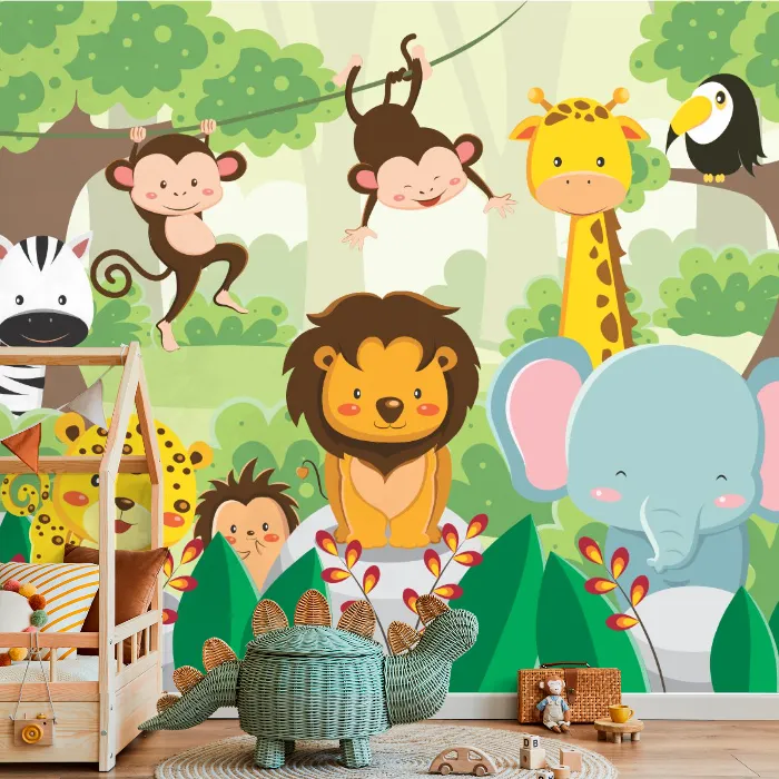 Papel de Parede Safari Infantil Animais da Selva Colorido