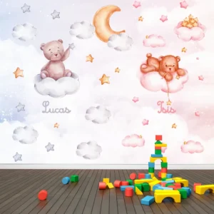Papel de Parede Ursinho nas Nuvens Aquarela Infantil Delicado - Imagem 3