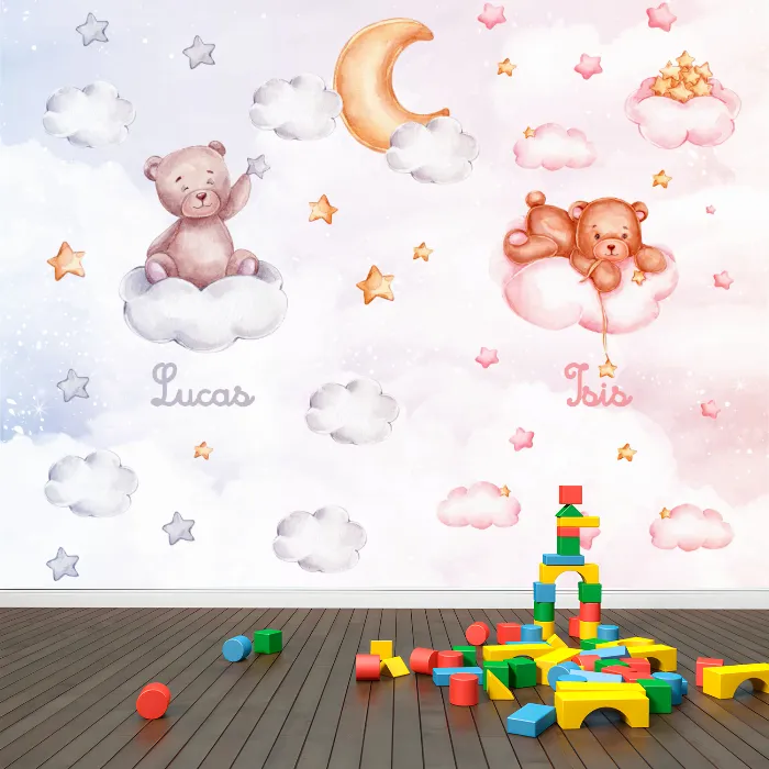 Papel de Parede Ursinho nas Nuvens Aquarela Infantil Delicado
