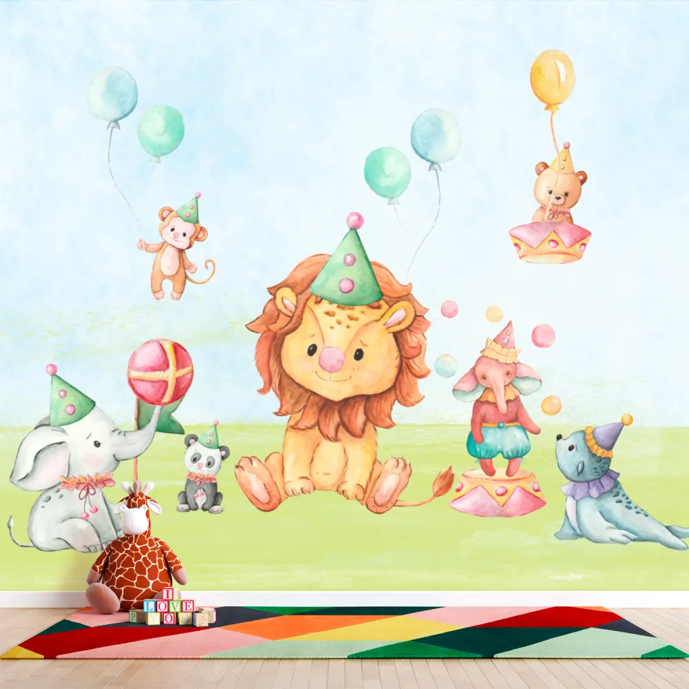 Papel de Parede Safari Circo Infantil Aquarela para Quarto de Bebê