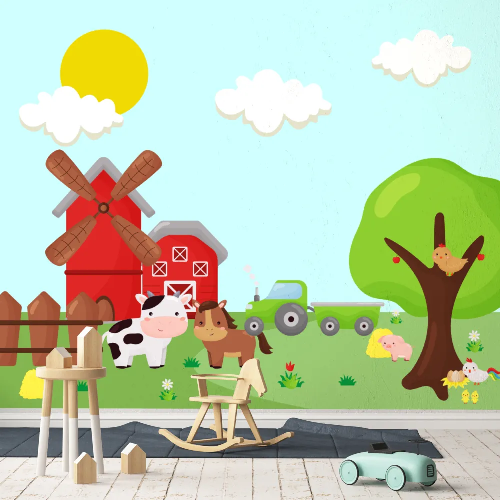 Papel de Parede Fazendinha Infantil com Animais da Fazenda