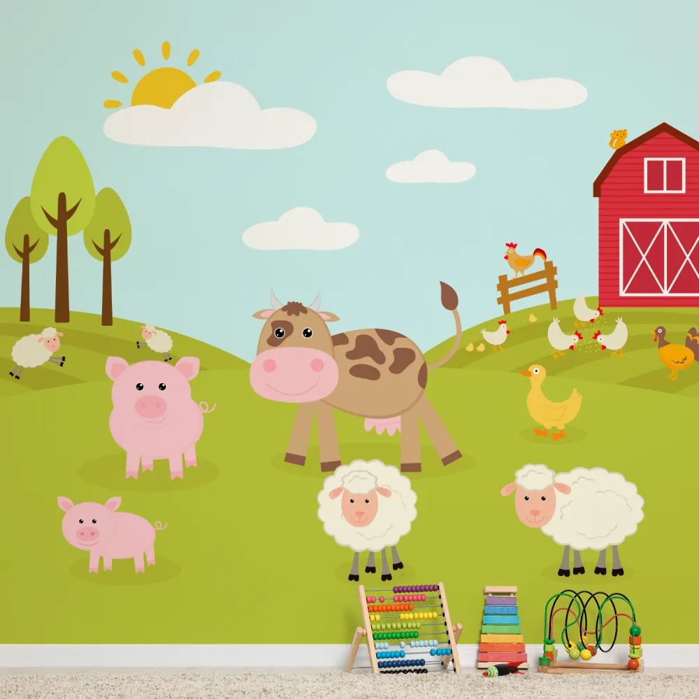 Papel de Parede Fazenda Infantil Animais Fofinhos para Quarto de Bebê