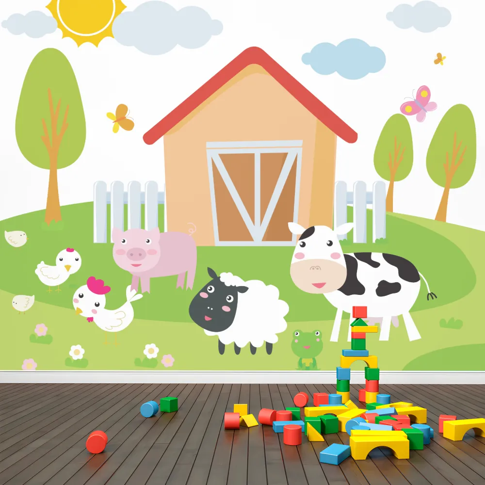 Papel de Parede Fazendinha Baby com Animais Fofinhos