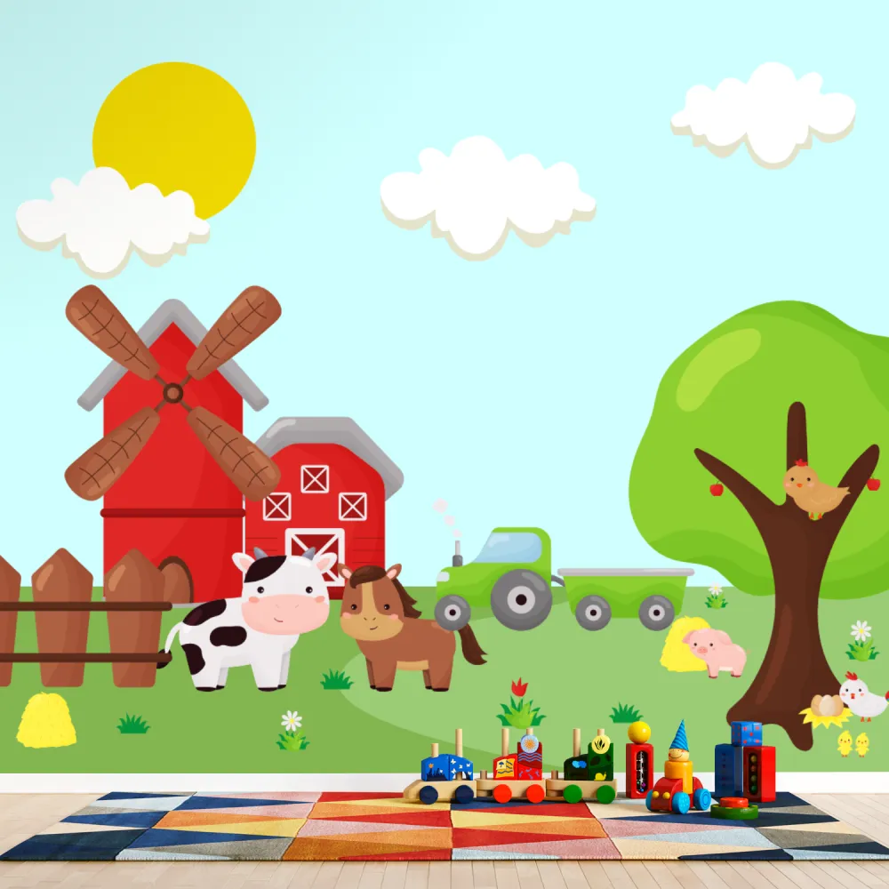 Papel de Parede Fazendinha Infantil com Animais da Fazenda