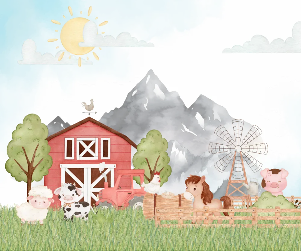 Papel de Parede Fazendinha Infantil Aquarelada com Animais e Celeiro