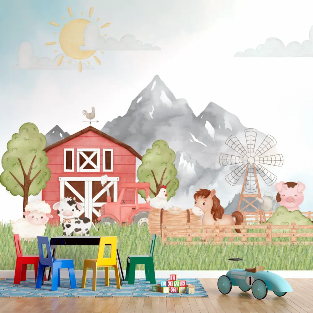 Papel de Parede Fazendinha Infantil Aquarelada com Animais e Celeiro