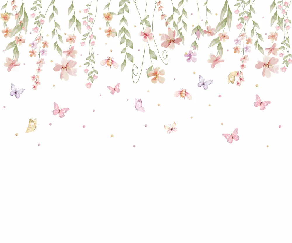 Papel de Parede Floral Delicado com Borboletas Aquareladas