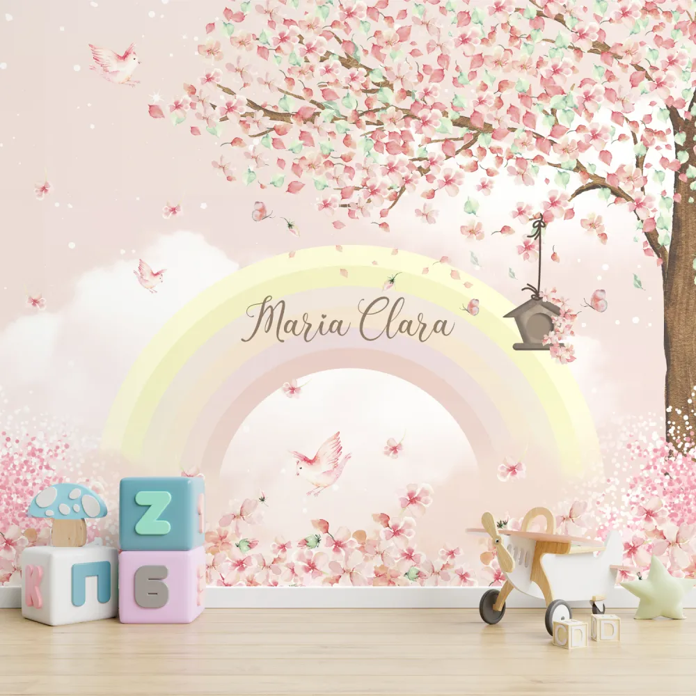 Papel de Parede Floral Arco-Íris Delicado para Quarto de Bebê