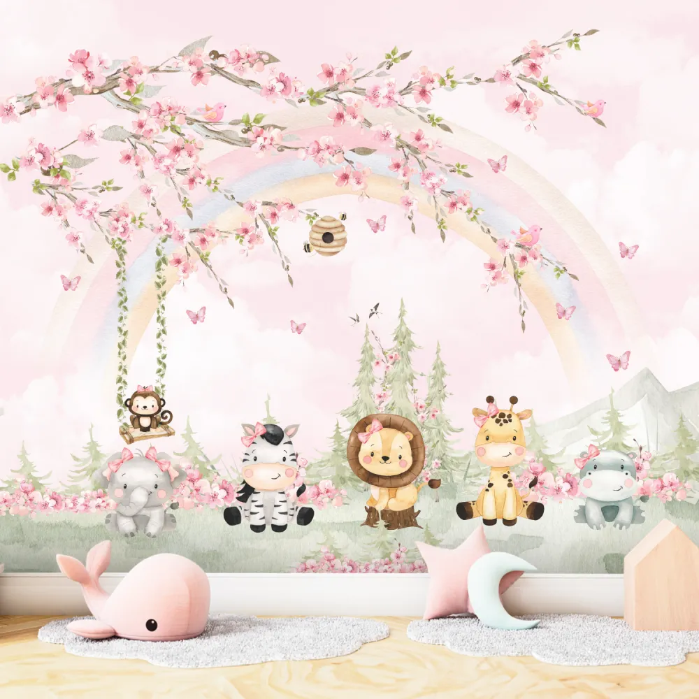 Papel de Parede Safari Baby Feminino com Arco-Íris