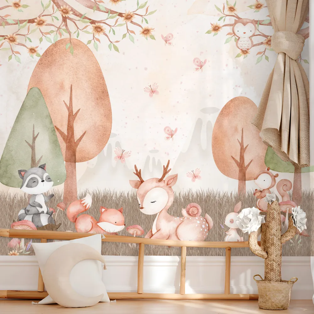 Floresta Lúdica Infantil com Animais do Bosque em Aquarela