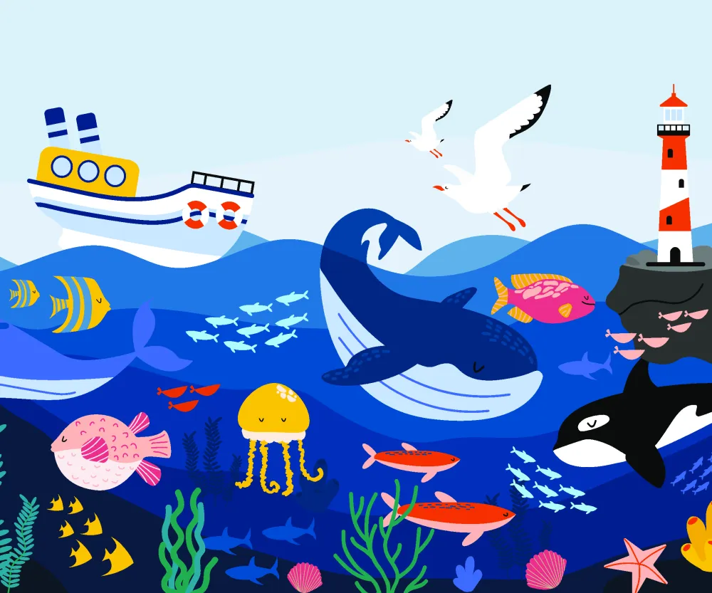 Papel de Parede Fundo do Mar Infantil com Baleias e Peixes