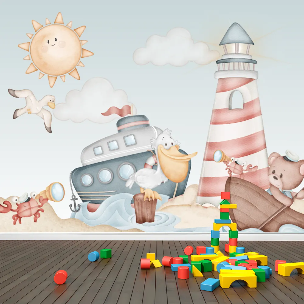 Papel de Parede Náutico Infantil com Ursinho Marinheiro