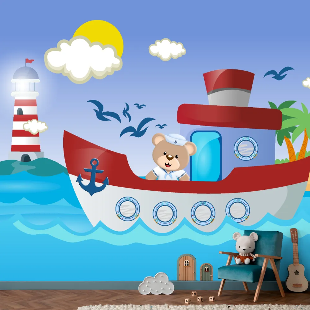 Papel de Parede Marinheiro Baby com Barco e Farol