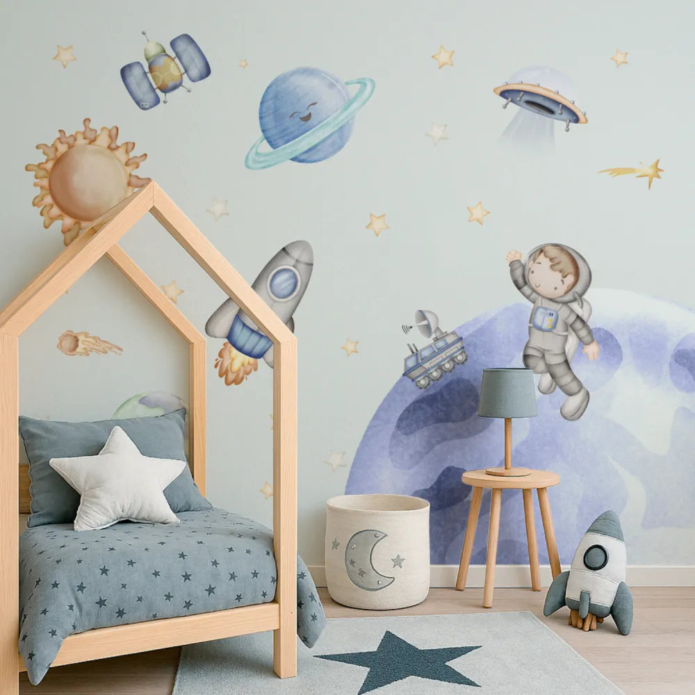 Papel de Parede Universo Infantil Aquarela com Astronauta