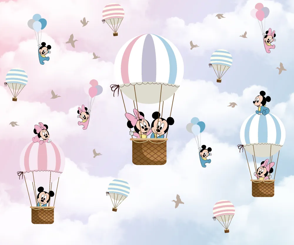 Papel de Parede Infantil Mickey e Minnie no Balão Rosa e Azul