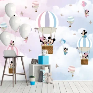 Papel de Parede Infantil Mickey e Minnie no Balão Rosa e Azul - Imagem 3