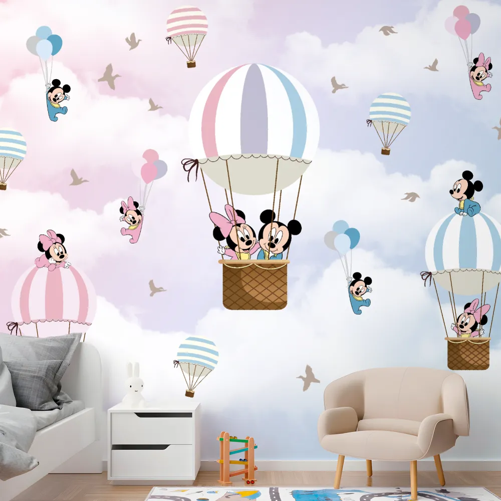Papel de Parede Infantil Mickey e Minnie no Balão Rosa e Azul
