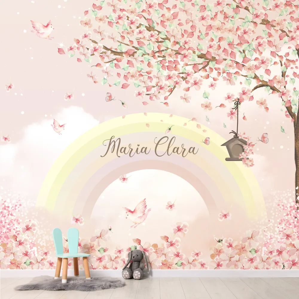 Papel de Parede Floral Arco-Íris Delicado para Quarto de Bebê