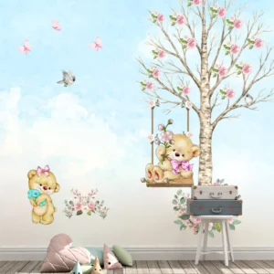 Papel de Parede Infantil Ursinhas no Balanço Floral - Imagem 3