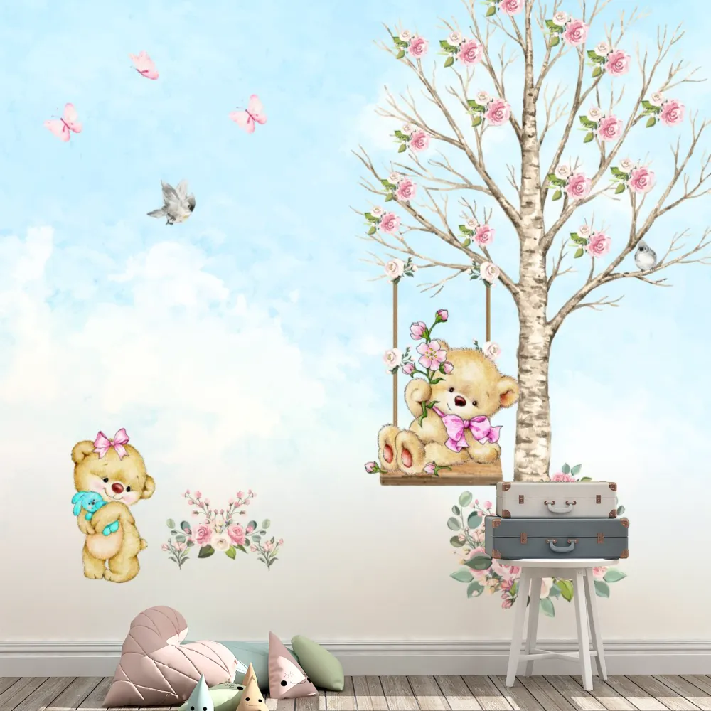 Papel de Parede Infantil Ursinhas no Balanço Floral
