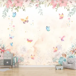 Papel de Parede Floral com Borboletas Coloridas Delicado - Imagem 3