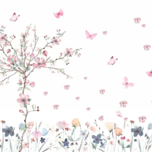 Papel de Parede Jardim Floral Delicado com Árvore e Flores - Imagem 2