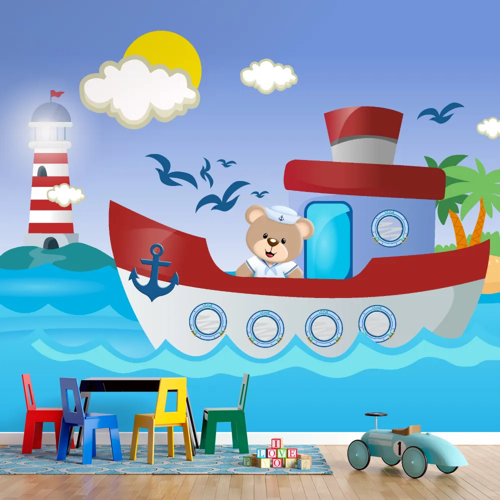 Papel de Parede Marinheiro Baby com Barco e Farol