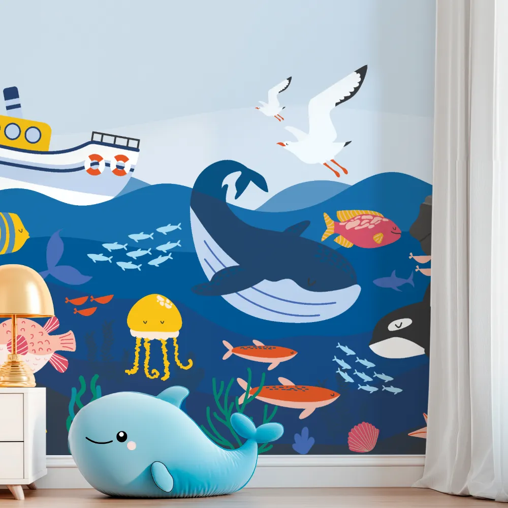 Papel de Parede Fundo do Mar Infantil com Baleias e Peixes