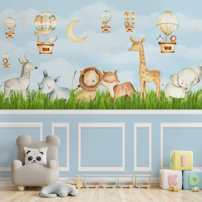 Papel de Parede Safari Aquarela Azul Bebê com Balões