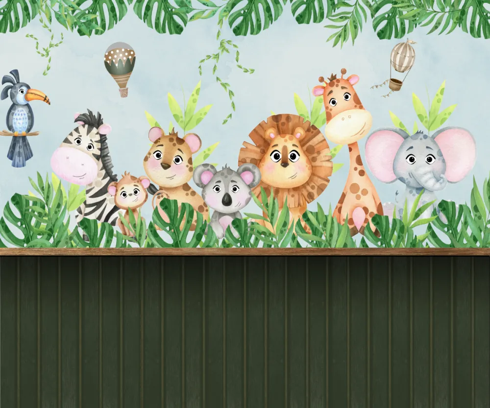 Papel de Parede Safari Aquarela Colorido com Animais da Selva