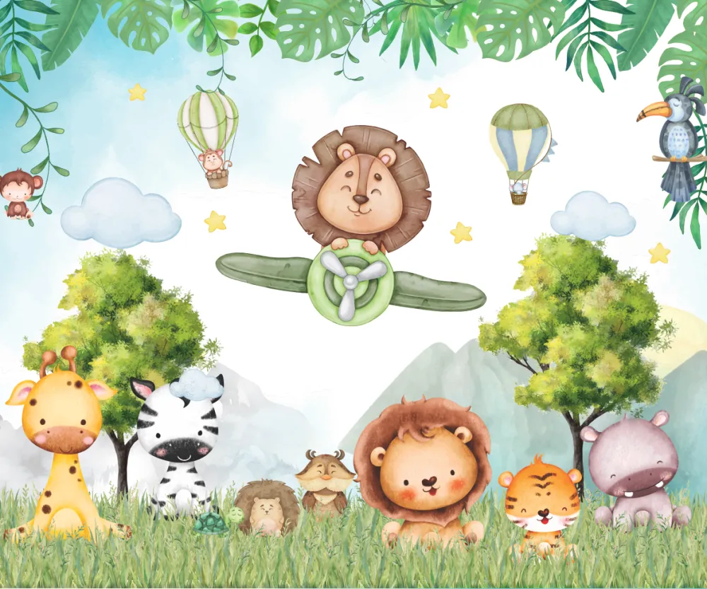 Papel de Parede Safari Aquarela Infantil Animais da Selva